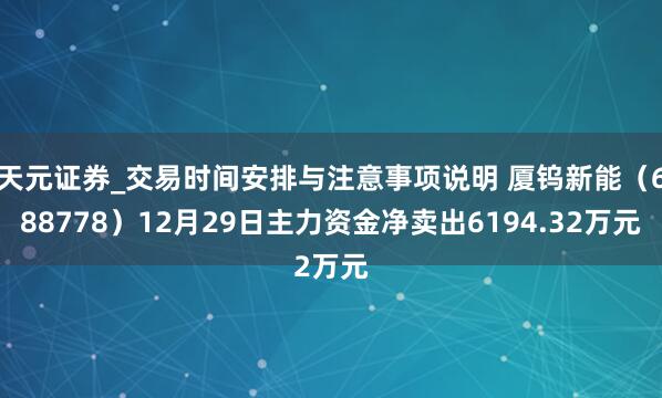 天元证券_交易时间安排与注意事项说明 厦钨新能（688778）12月29日主力资金净卖出6194.32万元