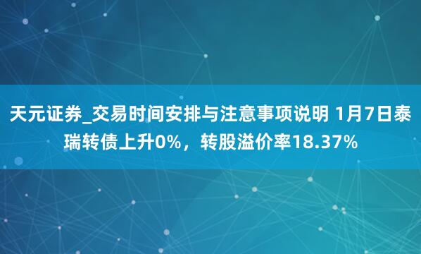 天元证券_交易时间安排与注意事项说明 1月7日泰瑞转债上升0%，转股溢价率18.37%
